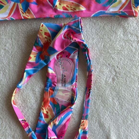 NWT Kamoni Pink Floral V Neck Tie‎ Front High Leg Cut Mid Cheeky Bikini Large - Picture 12 of 12
